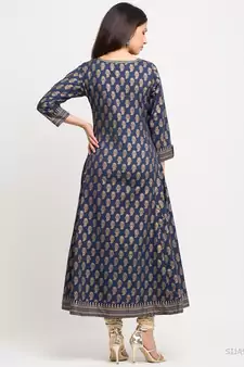 Women'S Cotton Gold Print Anarkali Kurta (Blue)