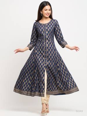 Women'S Cotton Gold Print Anarkali Kurta (Blue) 4