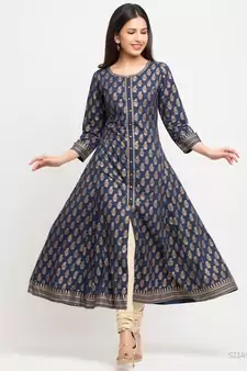 Women'S Cotton Gold Print Anarkali Kurta (Blue)