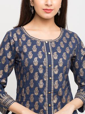 Women'S Cotton Gold Print Anarkali Kurta (Blue) 5
