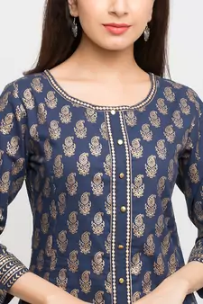 Women'S Cotton Gold Print Anarkali Kurta (Blue)