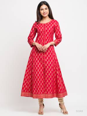 Women'S Cotton Gold Print Anarkali Kurta (Pink) 1