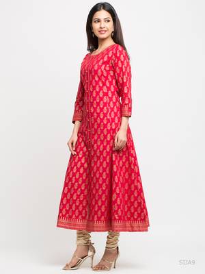 Women'S Cotton Gold Print Anarkali Kurta (Pink) 2