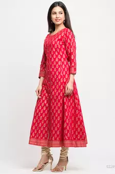 Women'S Cotton Gold Print Anarkali Kurta (Pink)