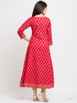 Women'S Cotton Gold Print Anarkali Kurta (Pink) 3