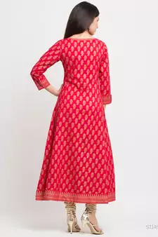 Women'S Cotton Gold Print Anarkali Kurta (Pink)