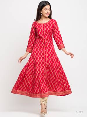 Women'S Cotton Gold Print Anarkali Kurta (Pink) 4