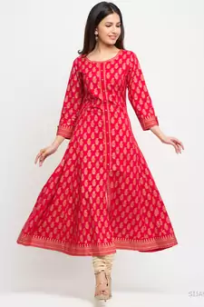 Women'S Cotton Gold Print Anarkali Kurta (Pink)