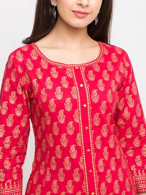 Women'S Cotton Gold Print Anarkali Kurta (Pink) 5