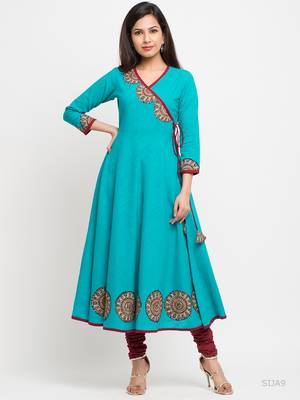 Women'S Cotton Slub Angrakha Style Anarkali Kurta (Teal) 1