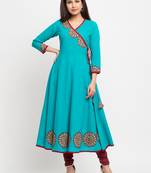 Women'S Cotton Slub Angrakha Style Anarkali Kurta (Teal)