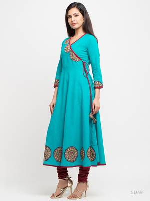 Women'S Cotton Slub Angrakha Style Anarkali Kurta (Teal) 2
