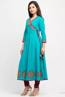 Women'S Cotton Slub Angrakha Style Anarkali Kurta (Teal)