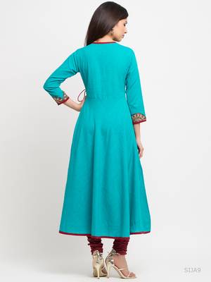 Women'S Cotton Slub Angrakha Style Anarkali Kurta (Teal) 3