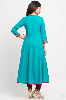 Women'S Cotton Slub Angrakha Style Anarkali Kurta (Teal)