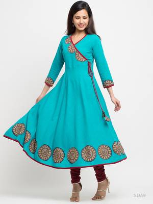 Women'S Cotton Slub Angrakha Style Anarkali Kurta (Teal) 4
