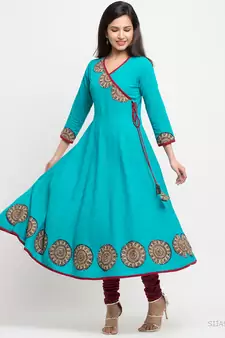 Women'S Cotton Slub Angrakha Style Anarkali Kurta (Teal)