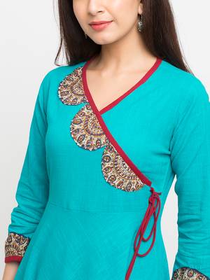 Women'S Cotton Slub Angrakha Style Anarkali Kurta (Teal) 5