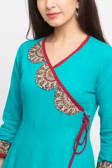 Women'S Cotton Slub Angrakha Style Anarkali Kurta (Teal)