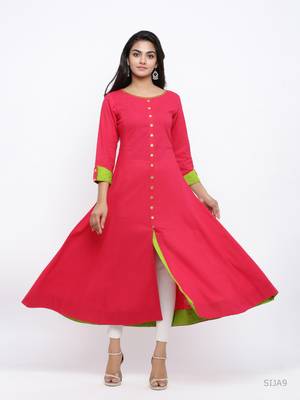 Women'S Cotton Slub Anarkali Kurta (Pink) 4