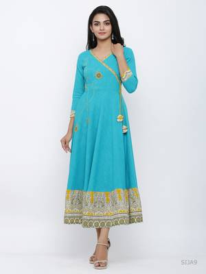 Women'S Cotton Blend Kalamkari Print Kaantha Work Anarkali Kurta (Teal) 1