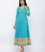 Women'S Cotton Blend Kalamkari Print Kaantha Work Anarkali Kurta (Teal)