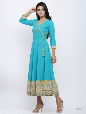 Women'S Cotton Blend Kalamkari Print Kaantha Work Anarkali Kurta (Teal) 2