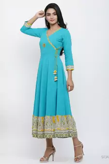 Women'S Cotton Blend Kalamkari Print Kaantha Work Anarkali Kurta (Teal)