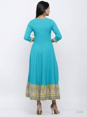 Women'S Cotton Blend Kalamkari Print Kaantha Work Anarkali Kurta (Teal) 3