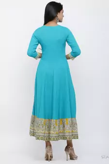 Women'S Cotton Blend Kalamkari Print Kaantha Work Anarkali Kurta (Teal)
