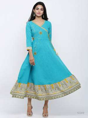 Women'S Cotton Blend Kalamkari Print Kaantha Work Anarkali Kurta (Teal) 4