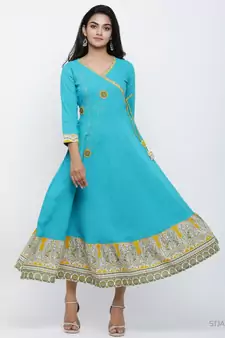 Women'S Cotton Blend Kalamkari Print Kaantha Work Anarkali Kurta (Teal)