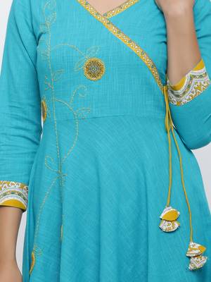 Women'S Cotton Blend Kalamkari Print Kaantha Work Anarkali Kurta (Teal) 5