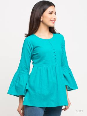 Women'S Turquoise Women'S/Girls Cotton Slub Solid Top 1