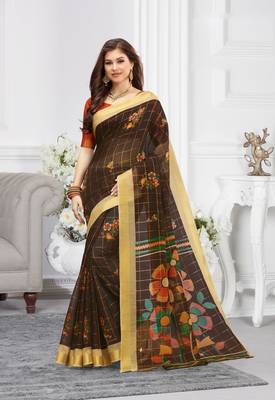 Dark Brown Cotton Printed Saree With Blouse 1