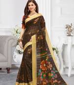 Dark Brown Cotton Printed Saree With Blouse
