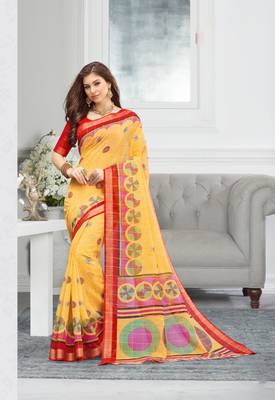Yellow Cotton Printed Saree With Blouse 1