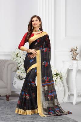 Black Cotton Printed Saree With Blouse 1