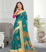 Blue Cotton Printed Saree With Blouse