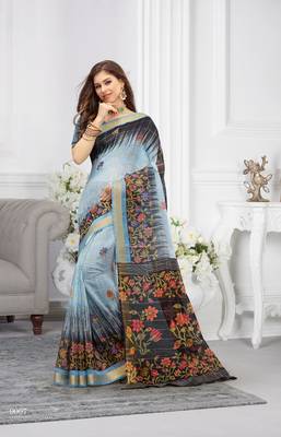 Grey Cotton Printed Saree With Blouse 1