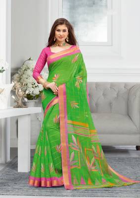 Parrot Green Cotton Printed saree with blouse 1