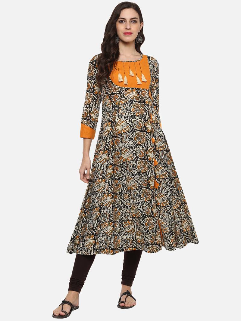Women's Cotton Kalamkari Print Kurta (Mustard