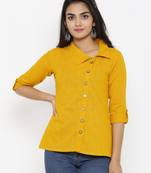 Women'S Yellow Cotton Slub Solid Shirt Style Top