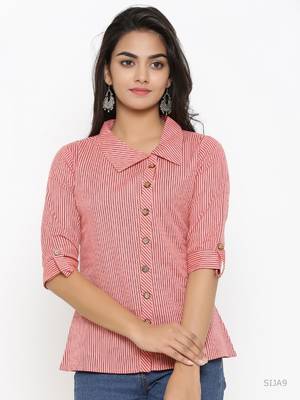 Women'S Peach Cotton Slub Printed Shirt Style Top 1