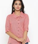 Women'S Peach Cotton Slub Printed Shirt Style Top