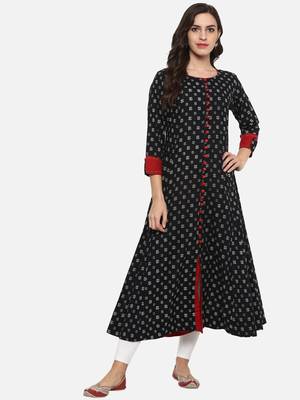 Women'S Cotton Printed Anarkali Kurta (Black) 1