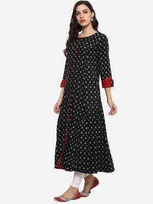 Women'S Cotton Printed Anarkali Kurta (Black) 2