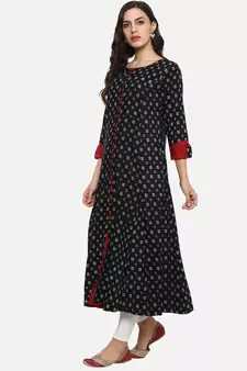 Women'S Cotton Printed Anarkali Kurta (Black)