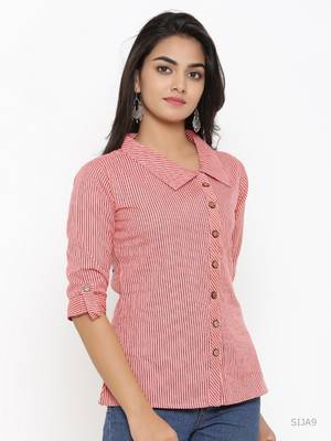 Women'S Peach Cotton Slub Printed Shirt Style Top 2