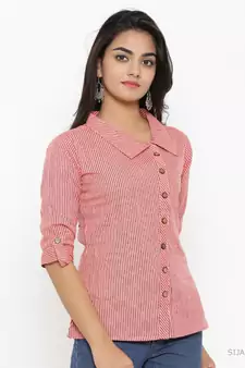 Women'S Peach Cotton Slub Printed Shirt Style Top
